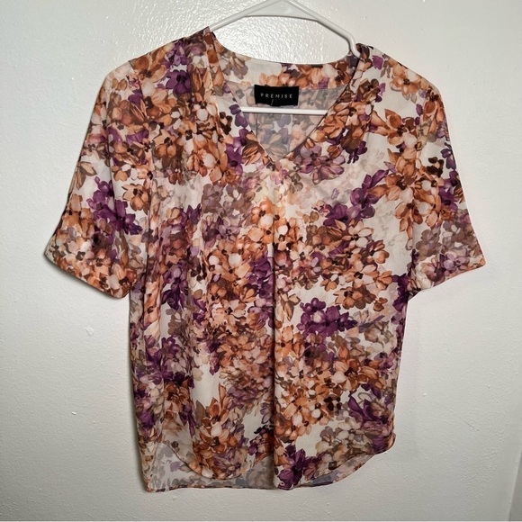 Premise Floral V-Neck Blouse Purple Orange - Picture 2 of 14